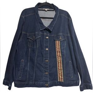 Woman Within Stretch Denim Jacket with Geometric Ribbon Trim – Dark Wash Sz 30W